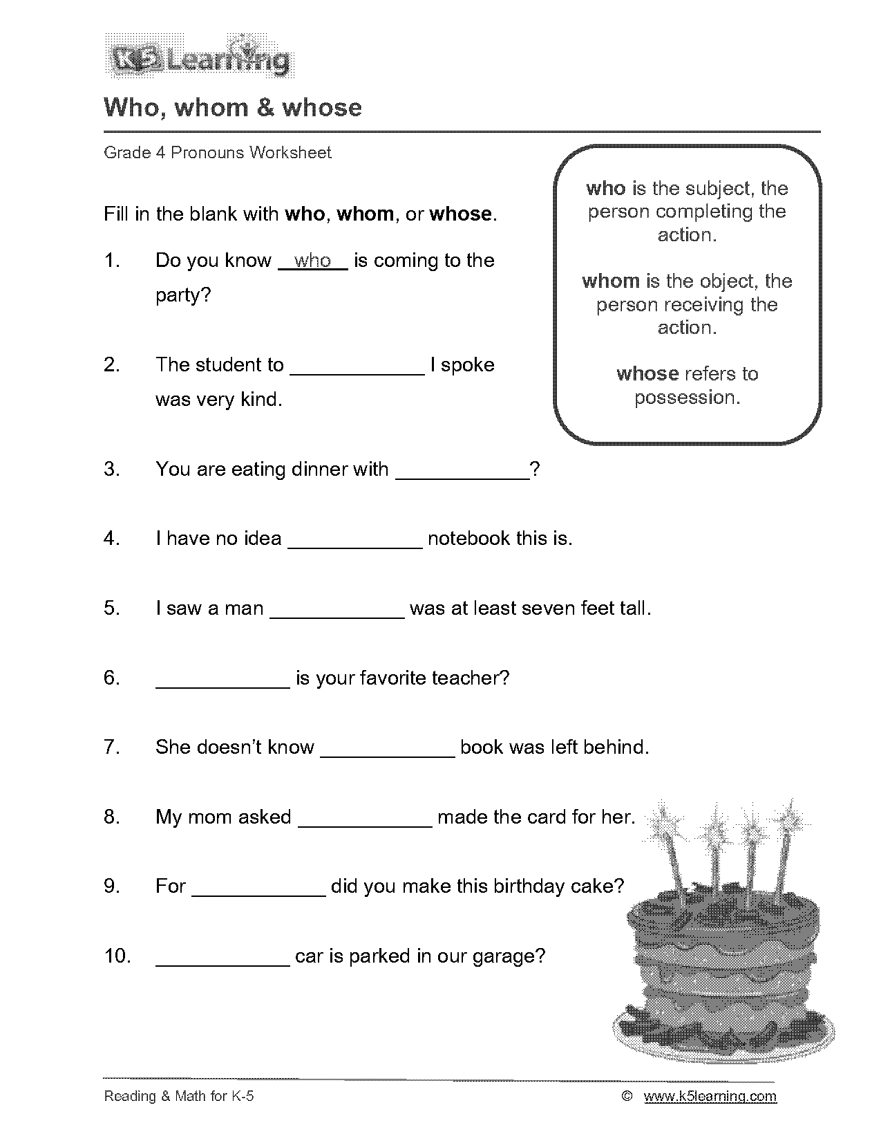 using who whom or whose worksheet