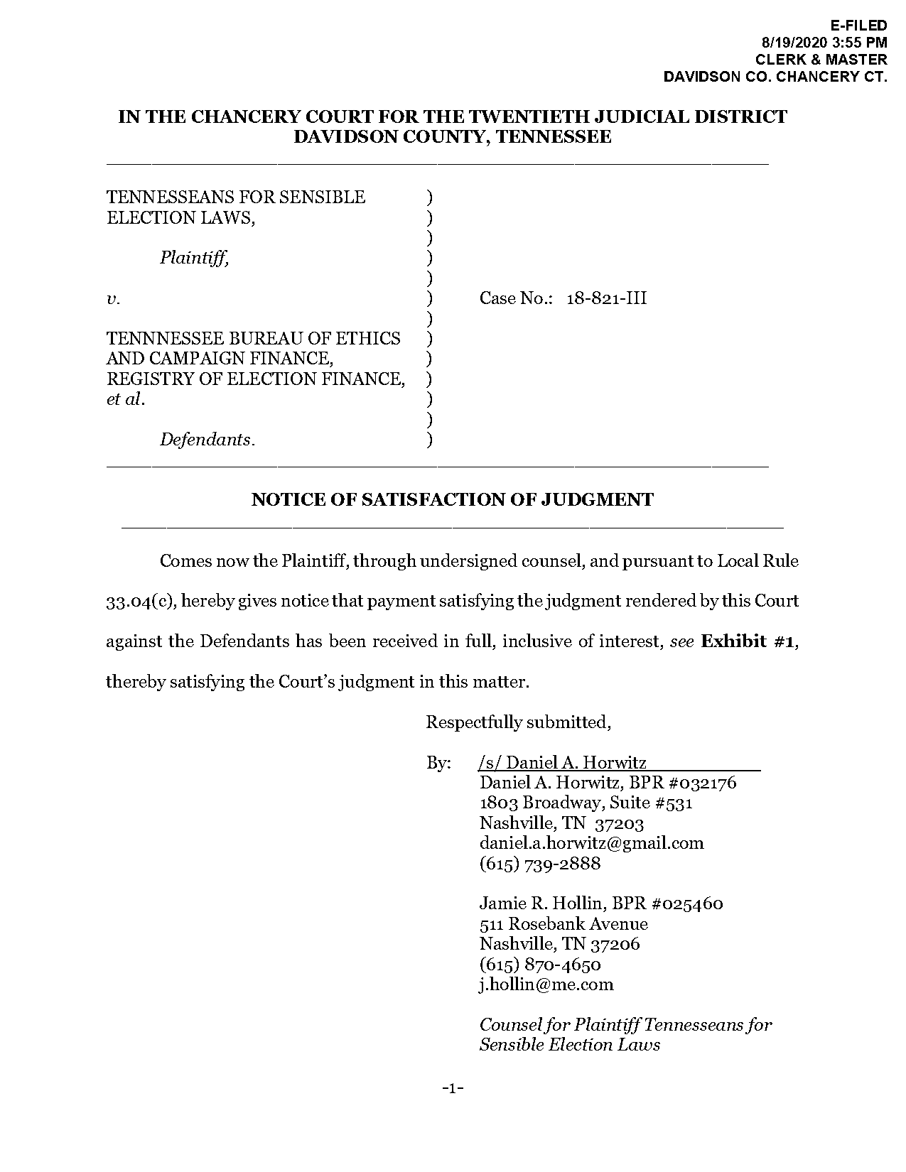 notice of satisfaction of judgment tennessee