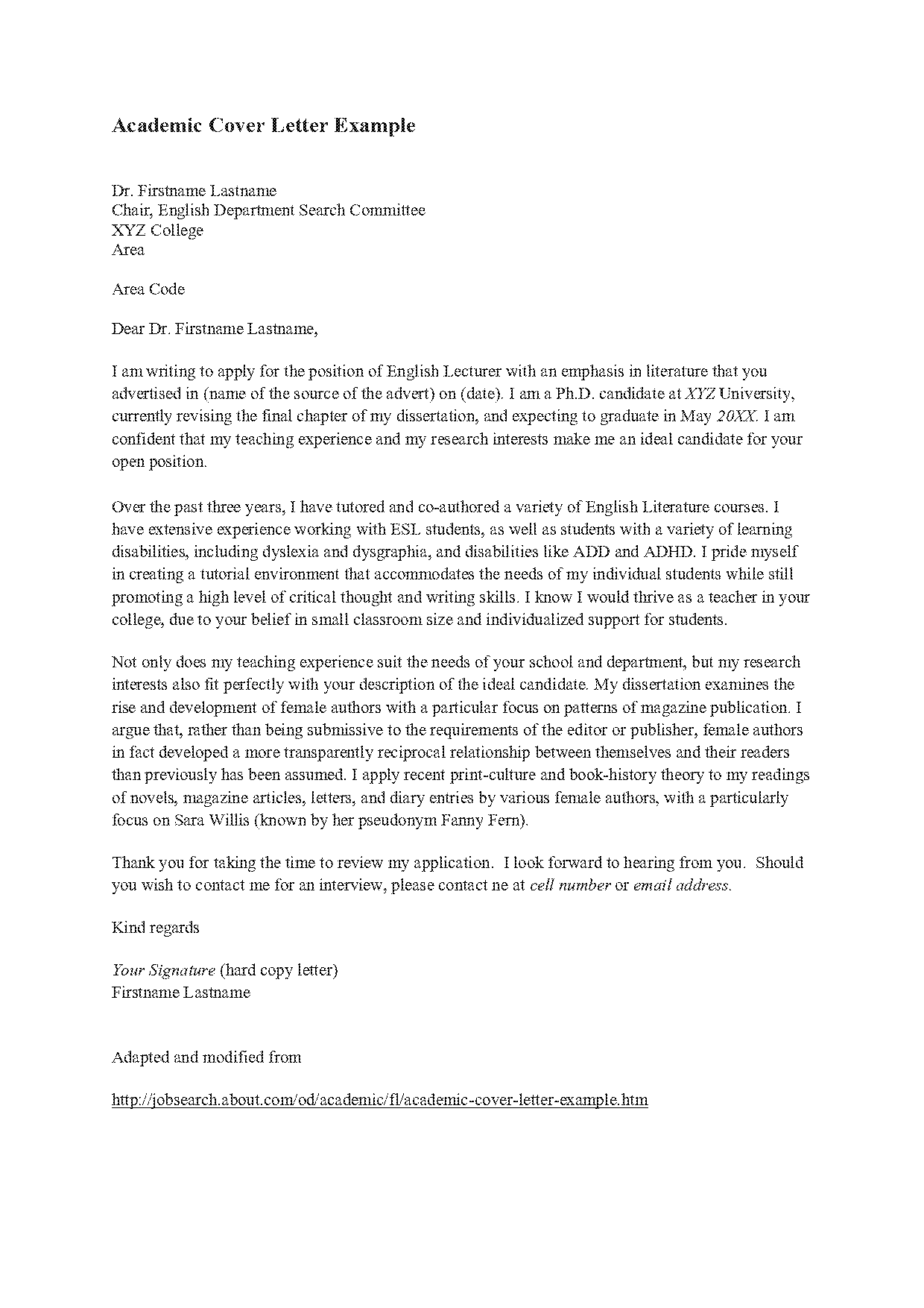 sample of application letter for lecturing job