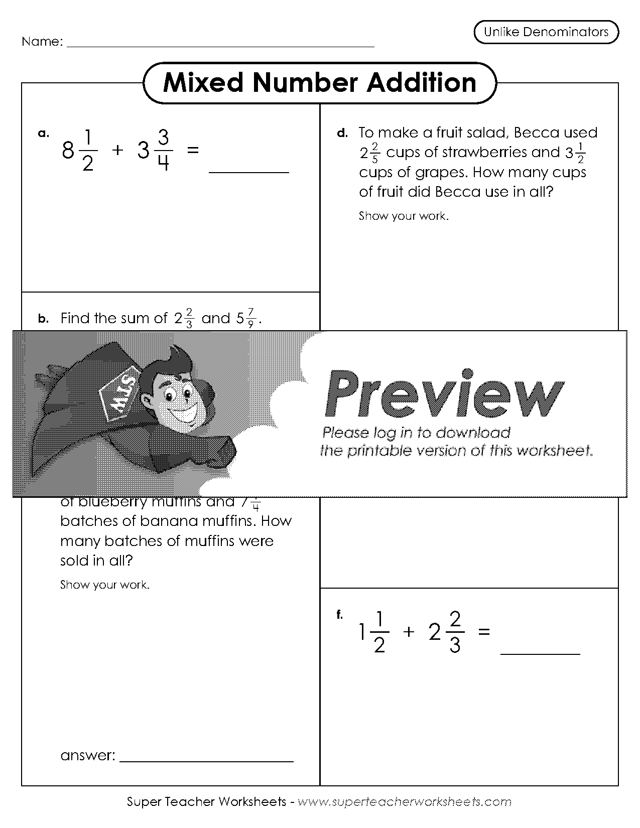 mixed numbers addition worksheet