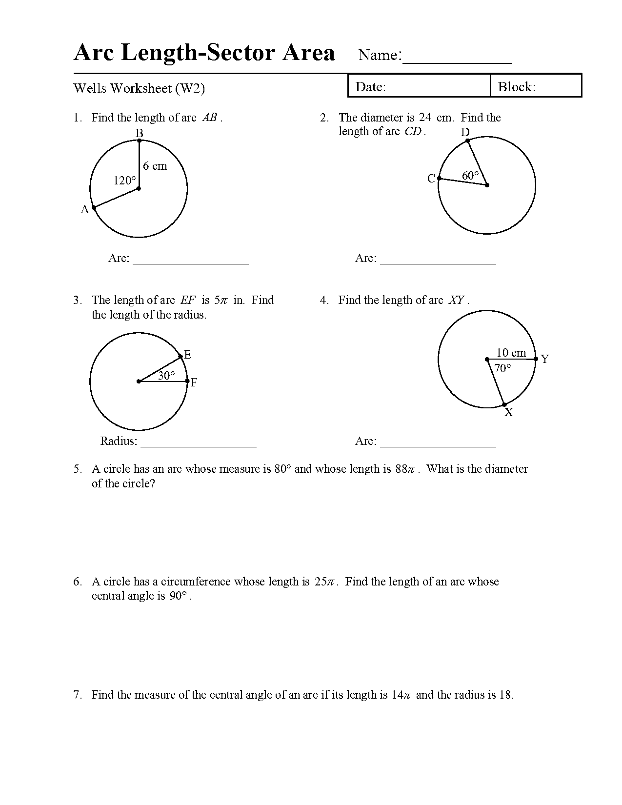 geometry practice worksheets arc length and sector