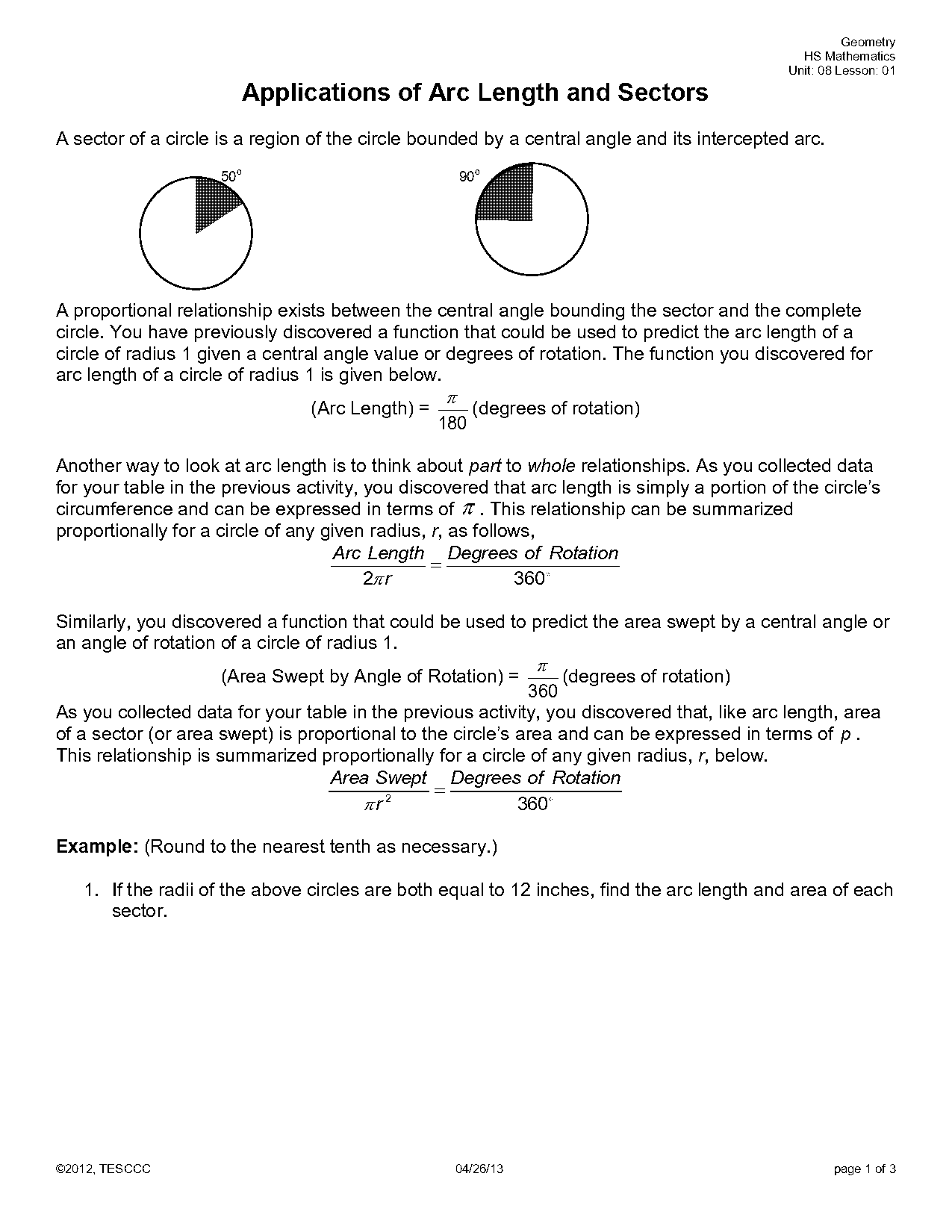 geometry practice worksheets arc length and sector