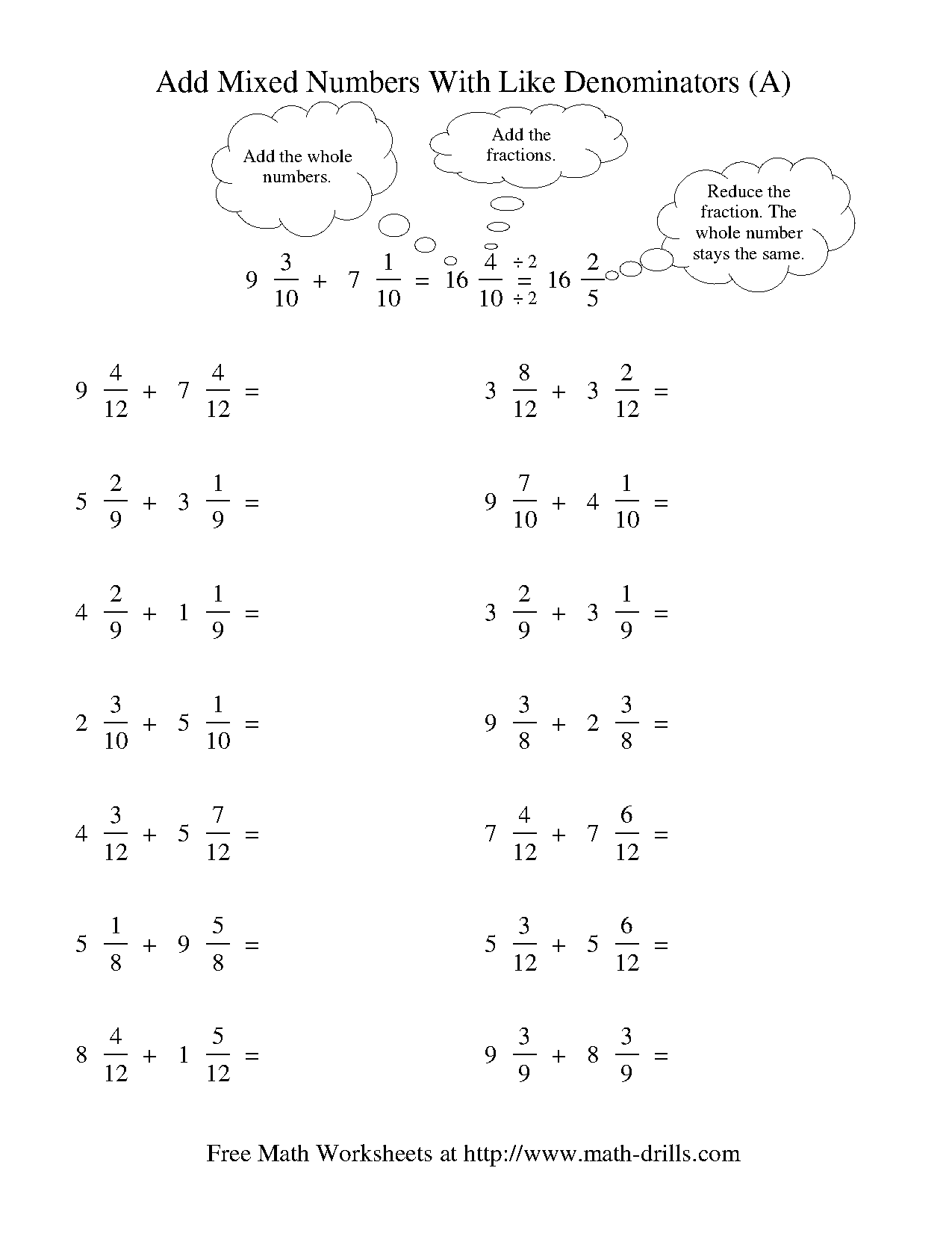 mixed numbers addition worksheet