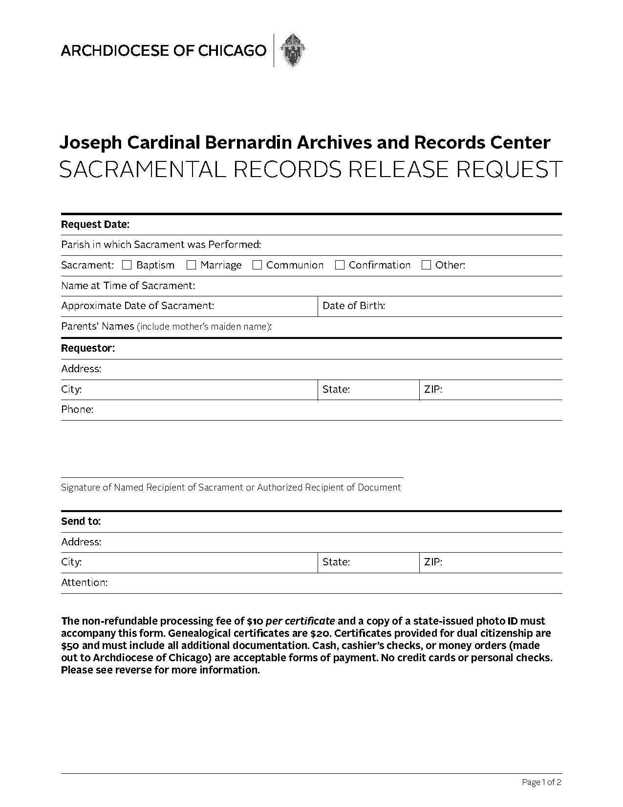 archdiocese of chicago transcript request