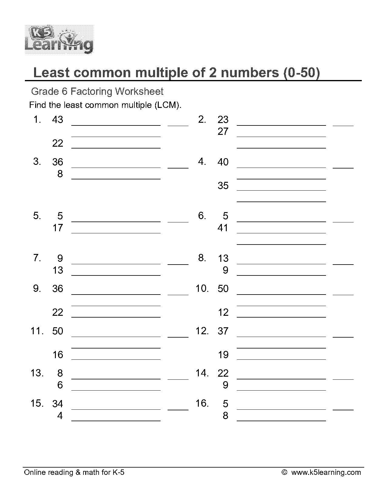 how to find the least common multiple worksheet