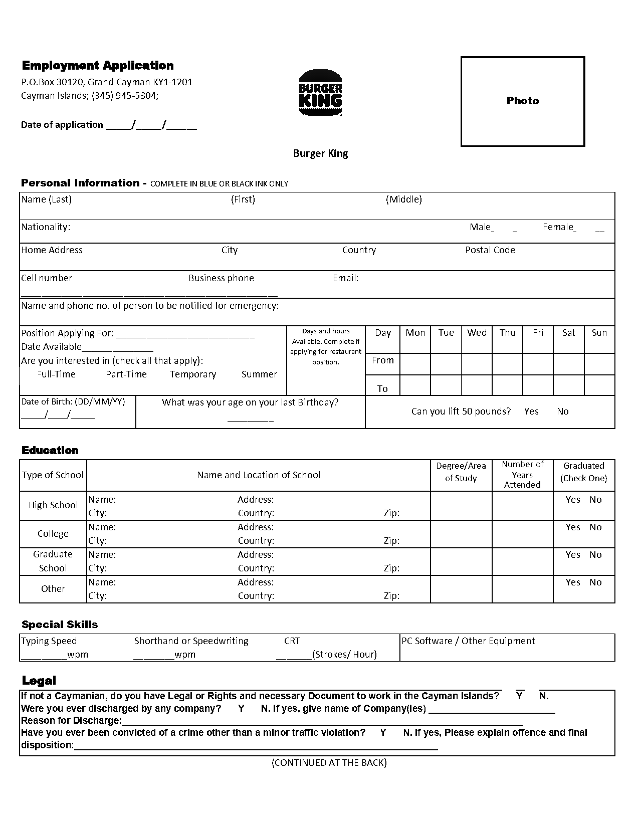 burger king application pdf form