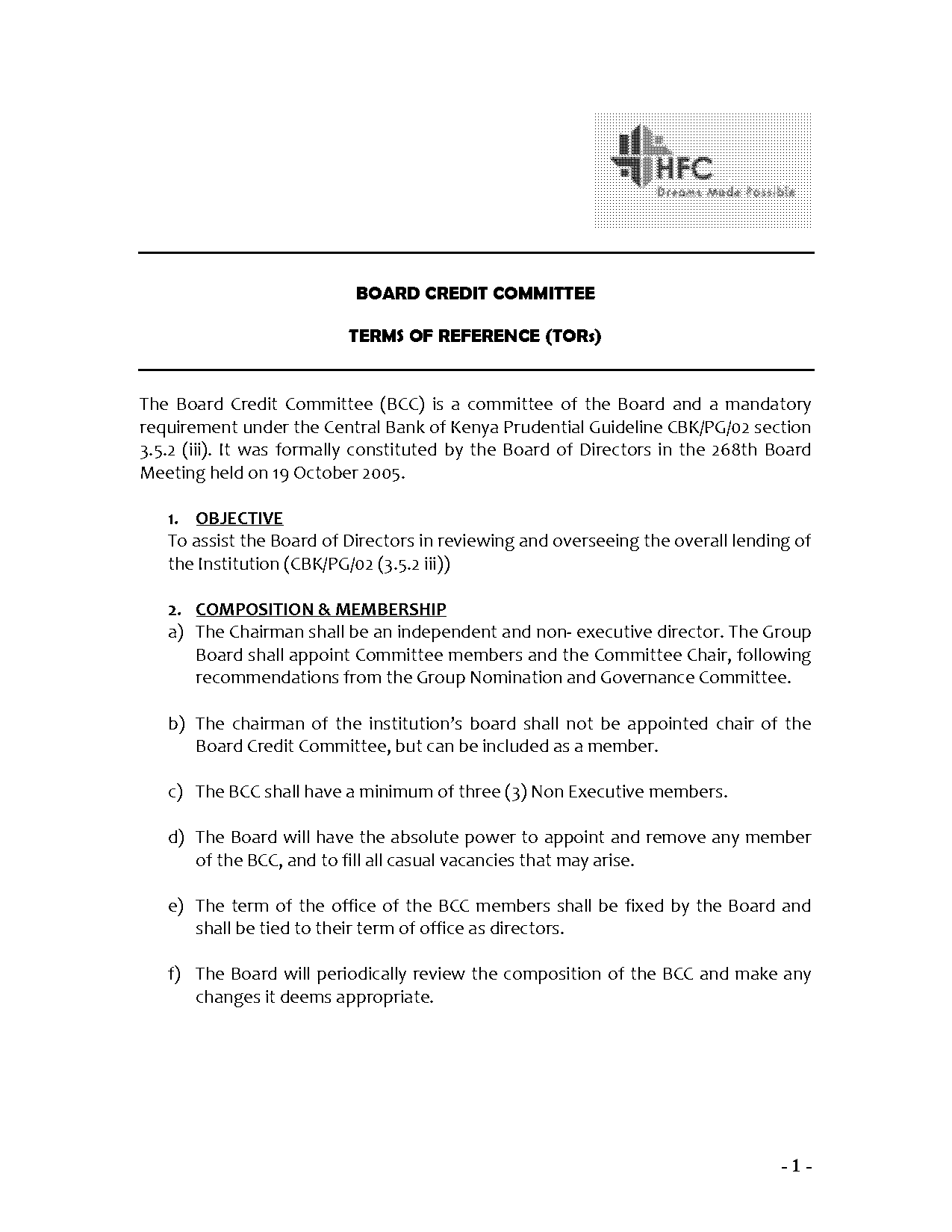 management credit committee terms of reference