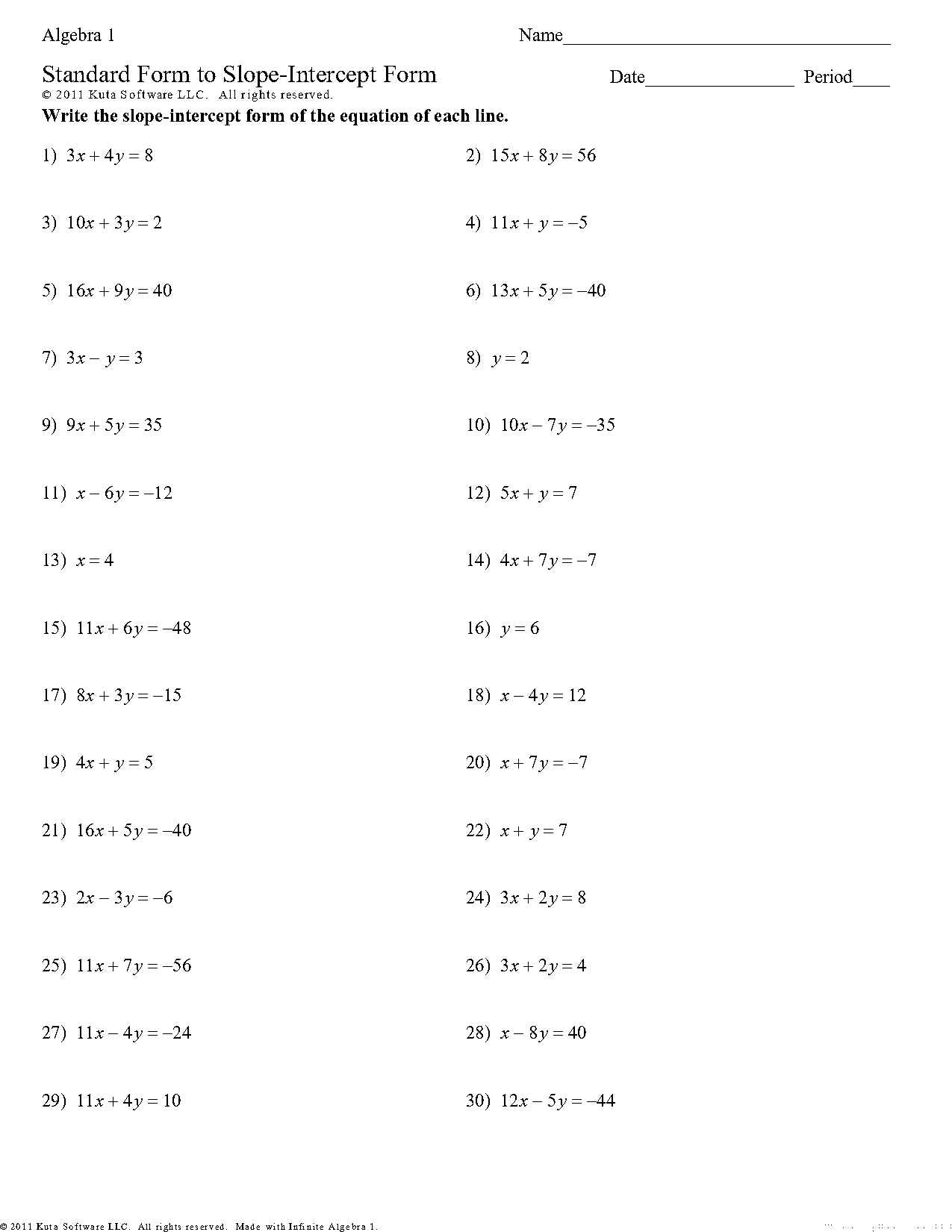 how to change standard form to y intercept form