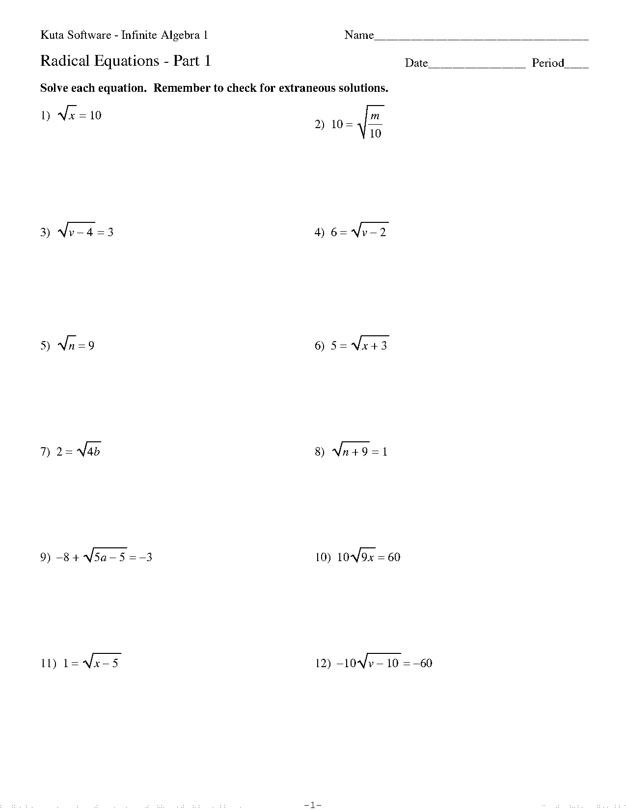 solving radical equations worksheets with answers