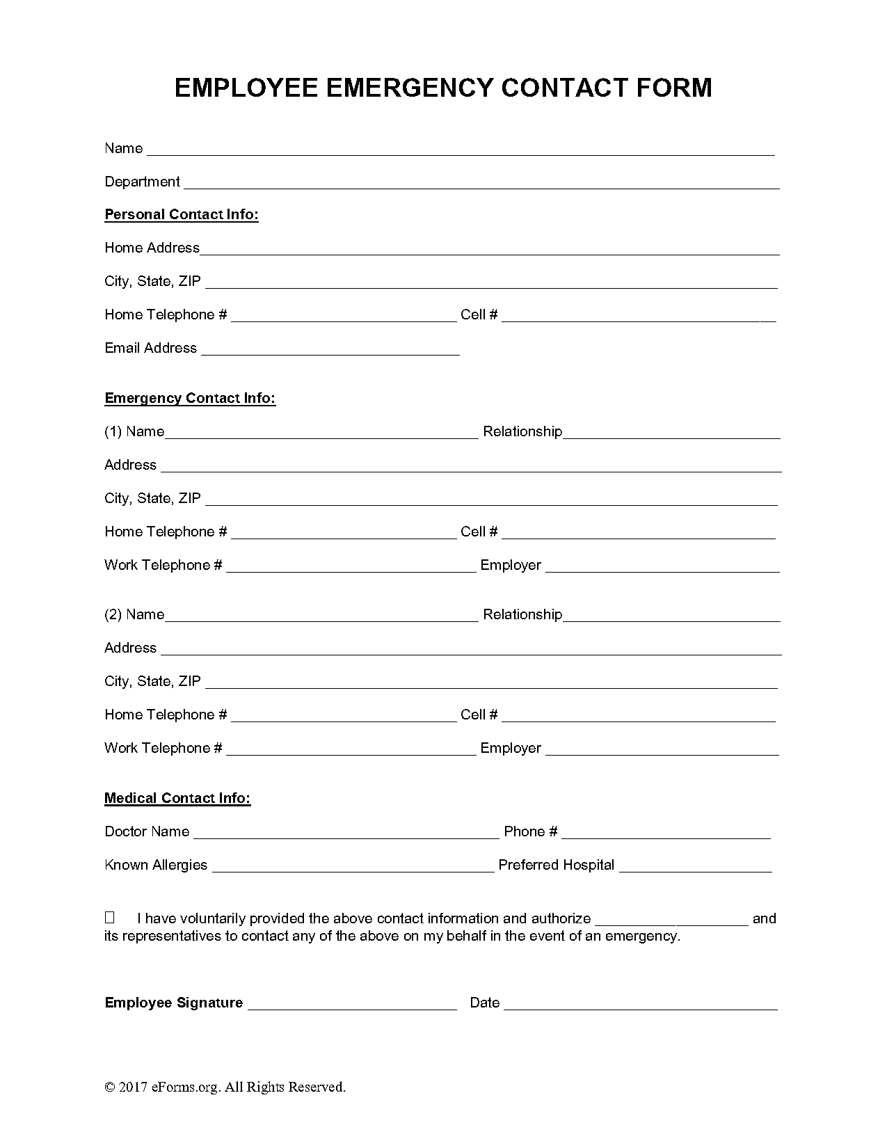 emergency contact information form word