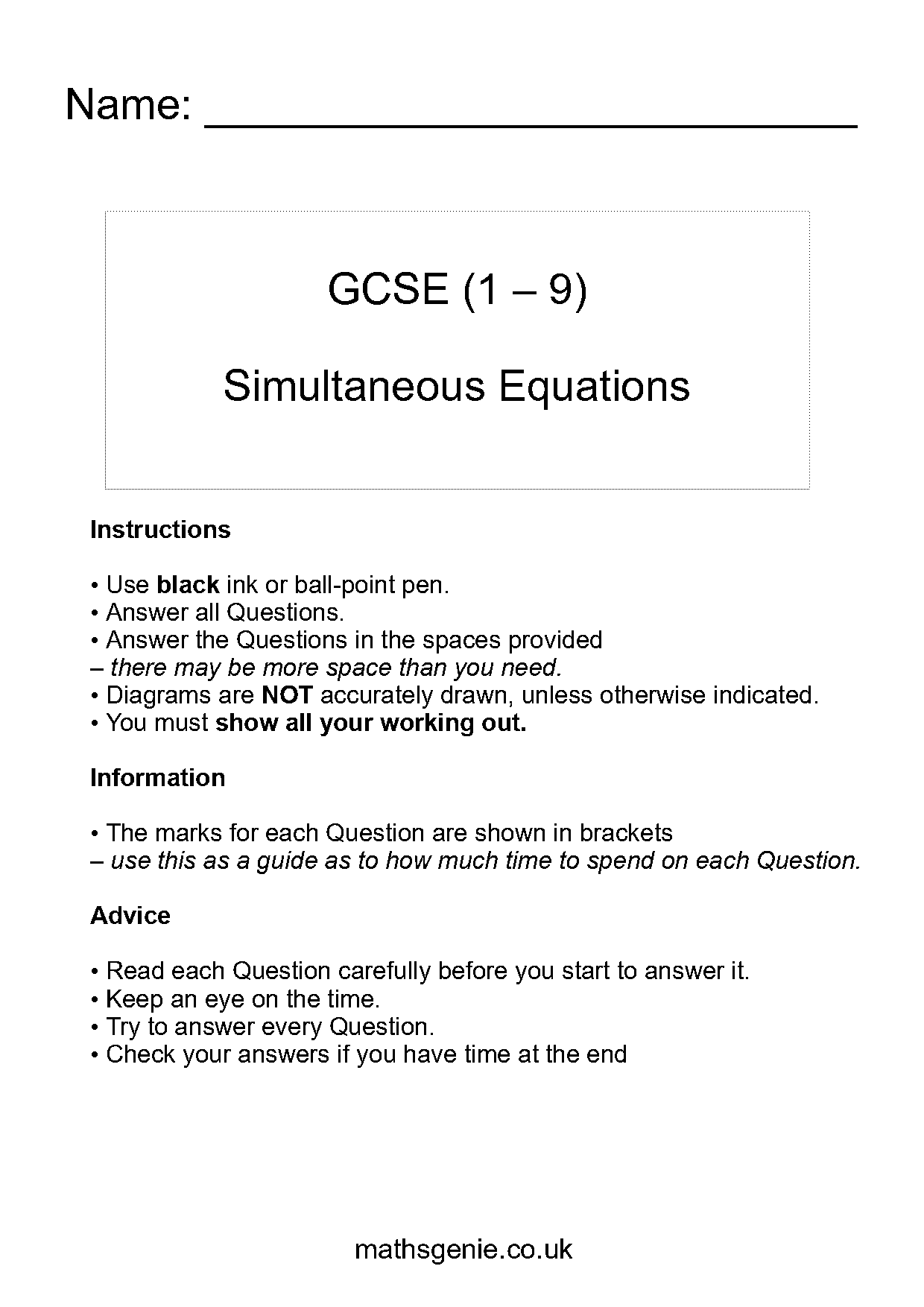 gcse foundation simultaneous equations worksheet