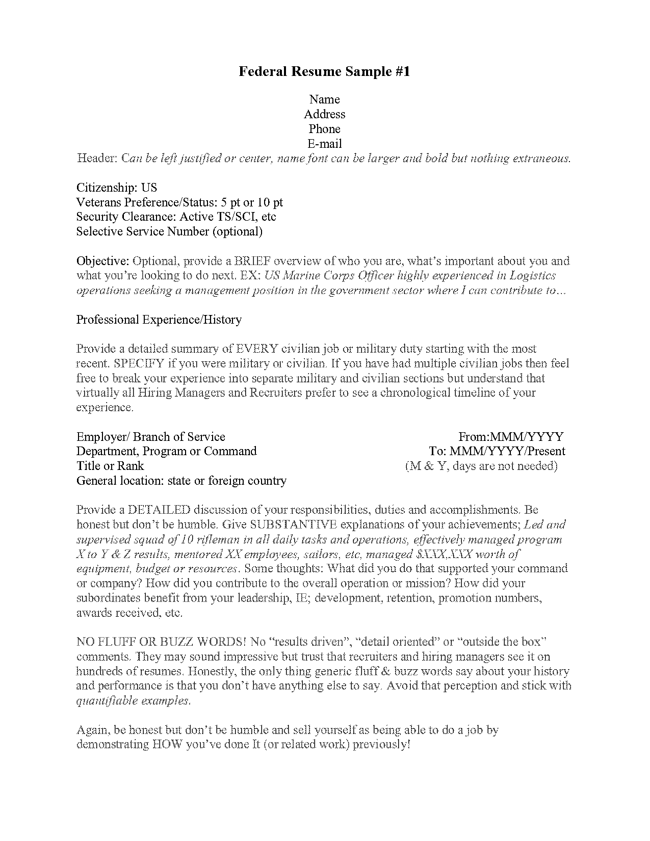 federal narrative resume template