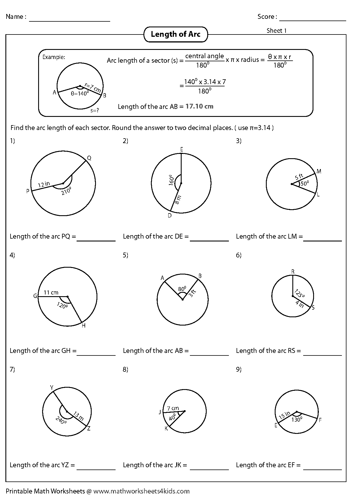 geometry practice worksheets arc length and sector