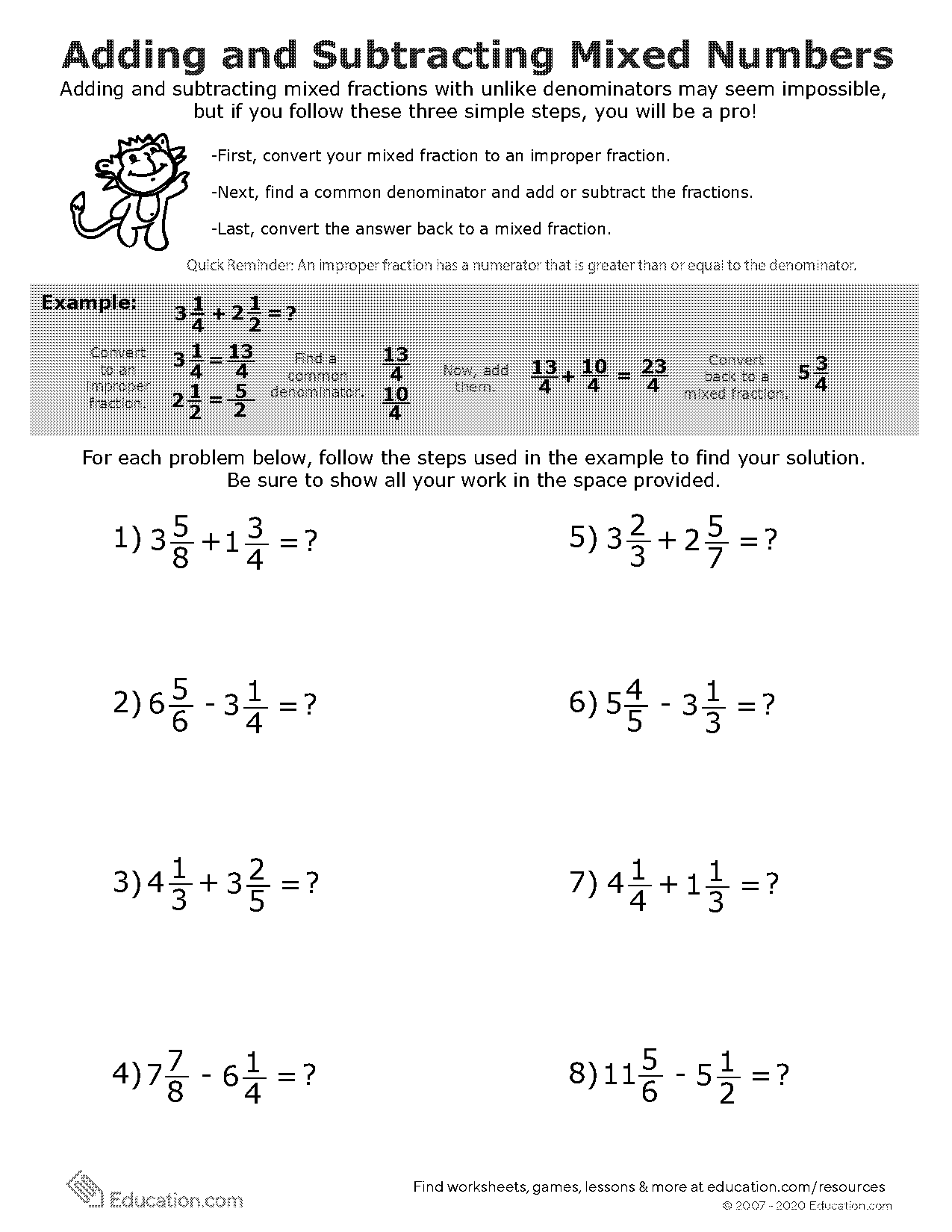 mixed numbers addition worksheet