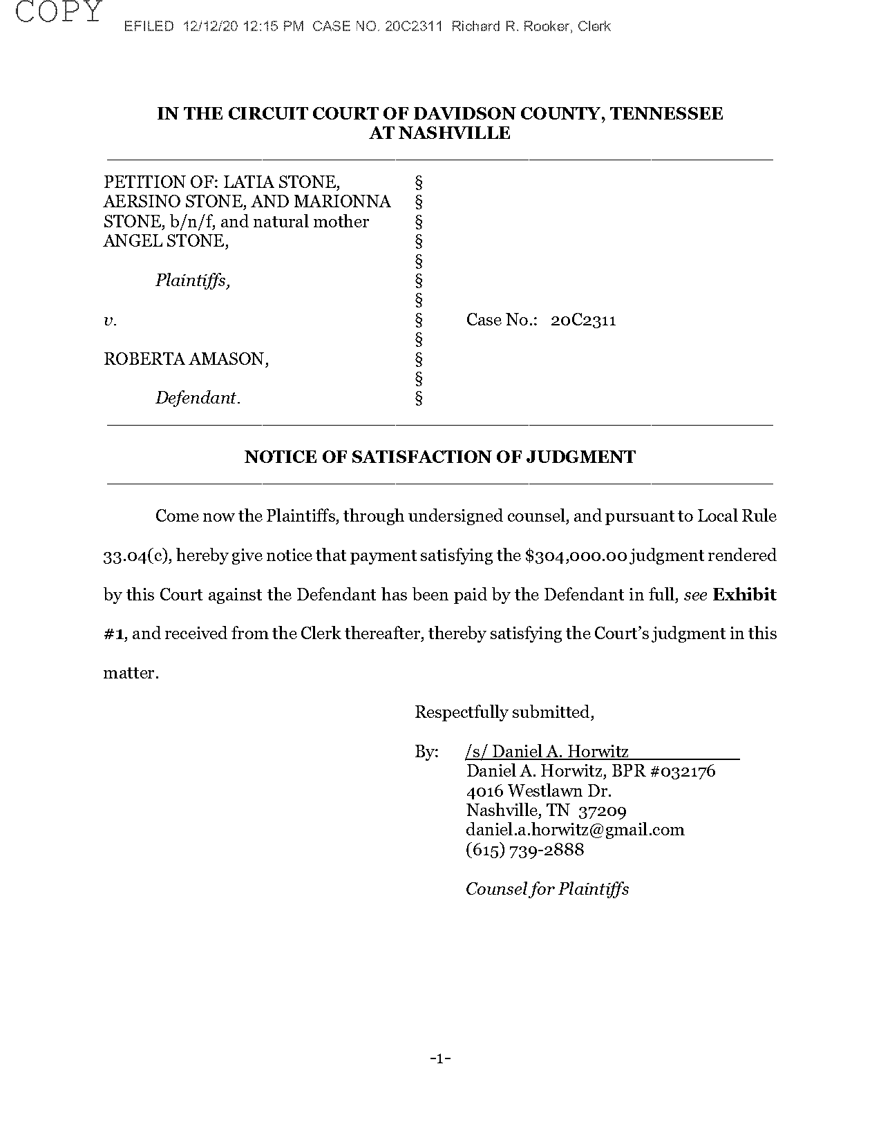 notice of satisfaction of judgment tennessee