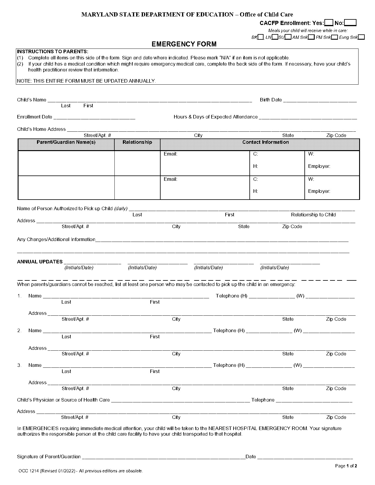 emergency contact information form word