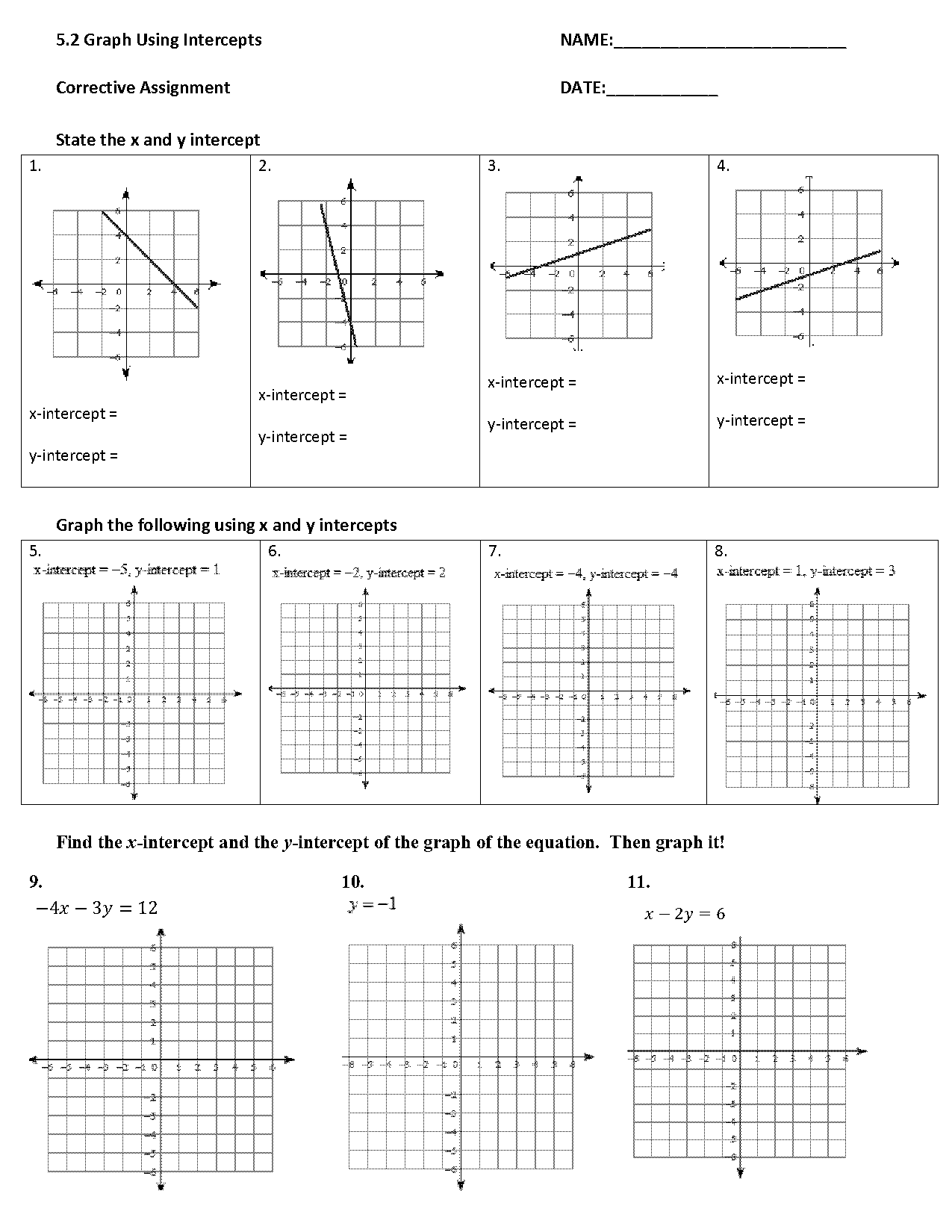 graphing using x and y intercepts worksheet