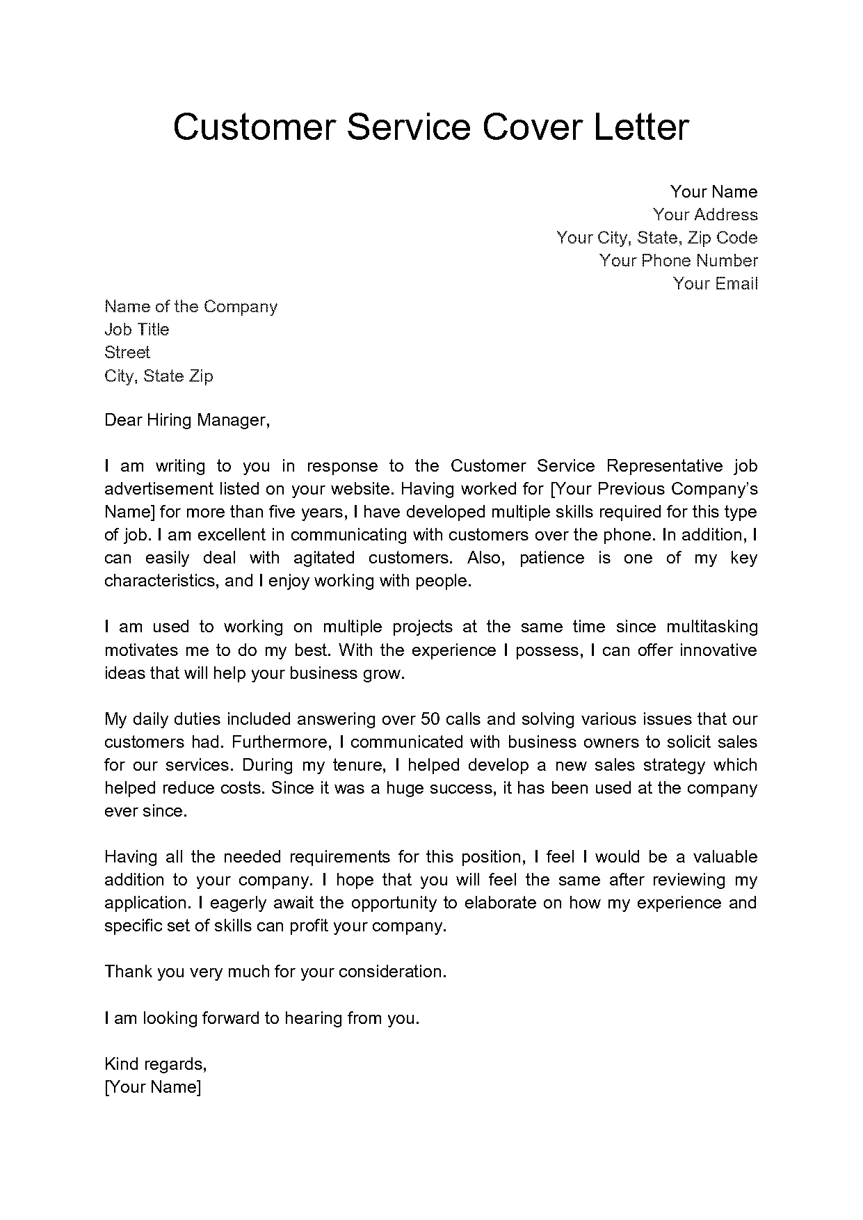 cover letter template for customer service representative