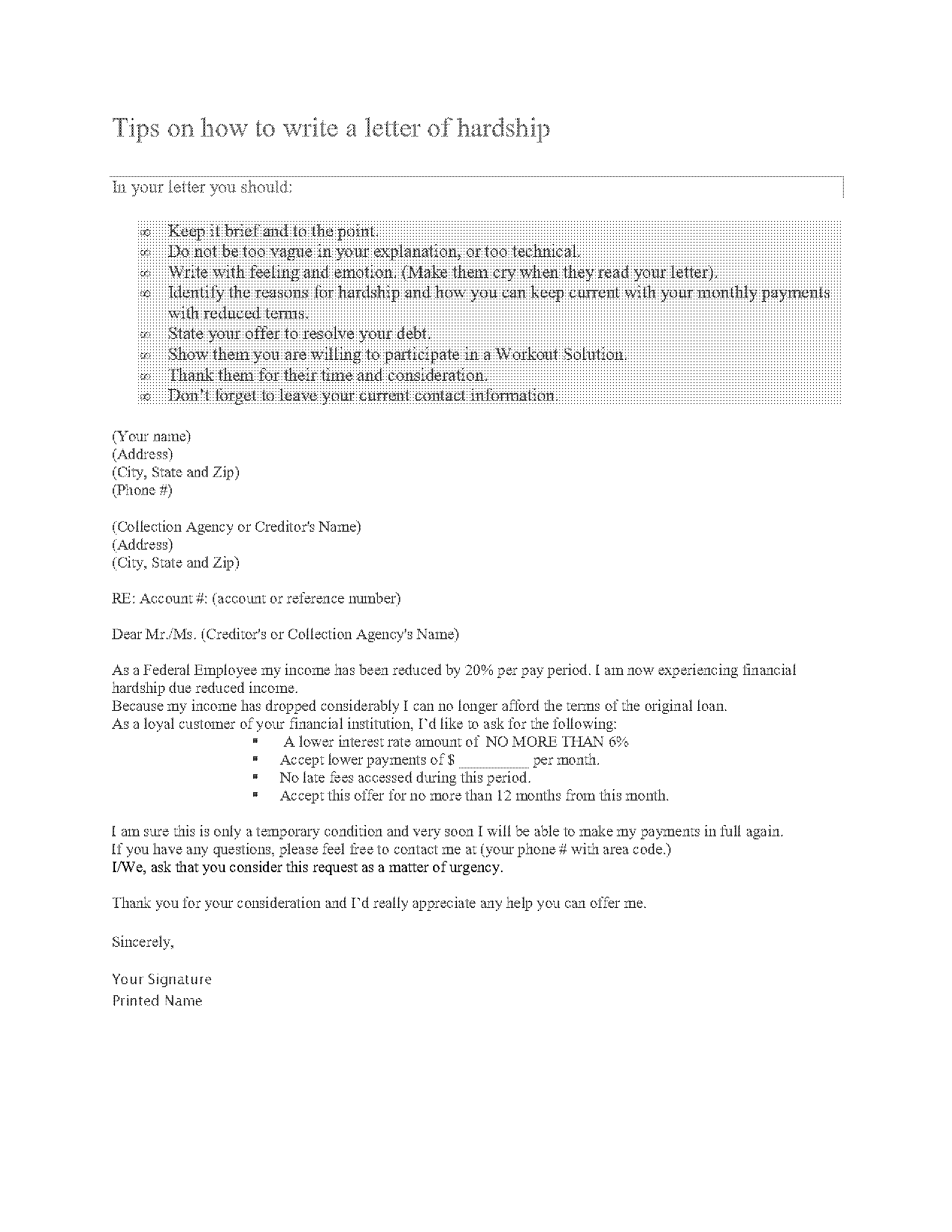 free hardship letter sample