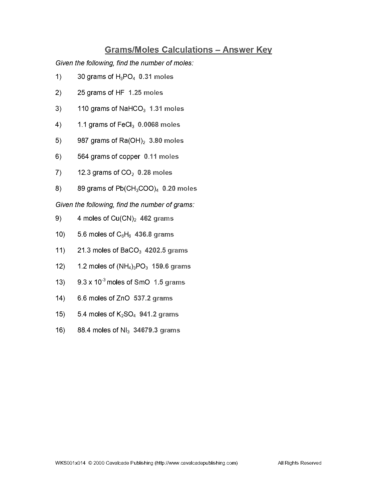 moles moleculrs and grams worksheet answer key