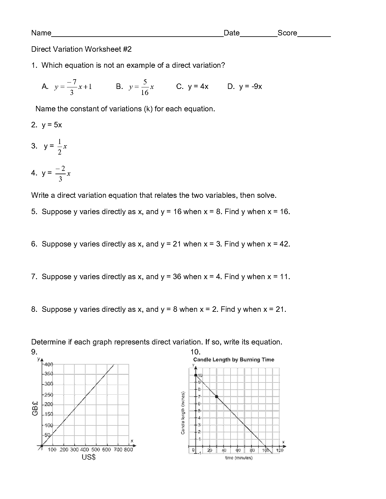 practice a direct variation worksheet