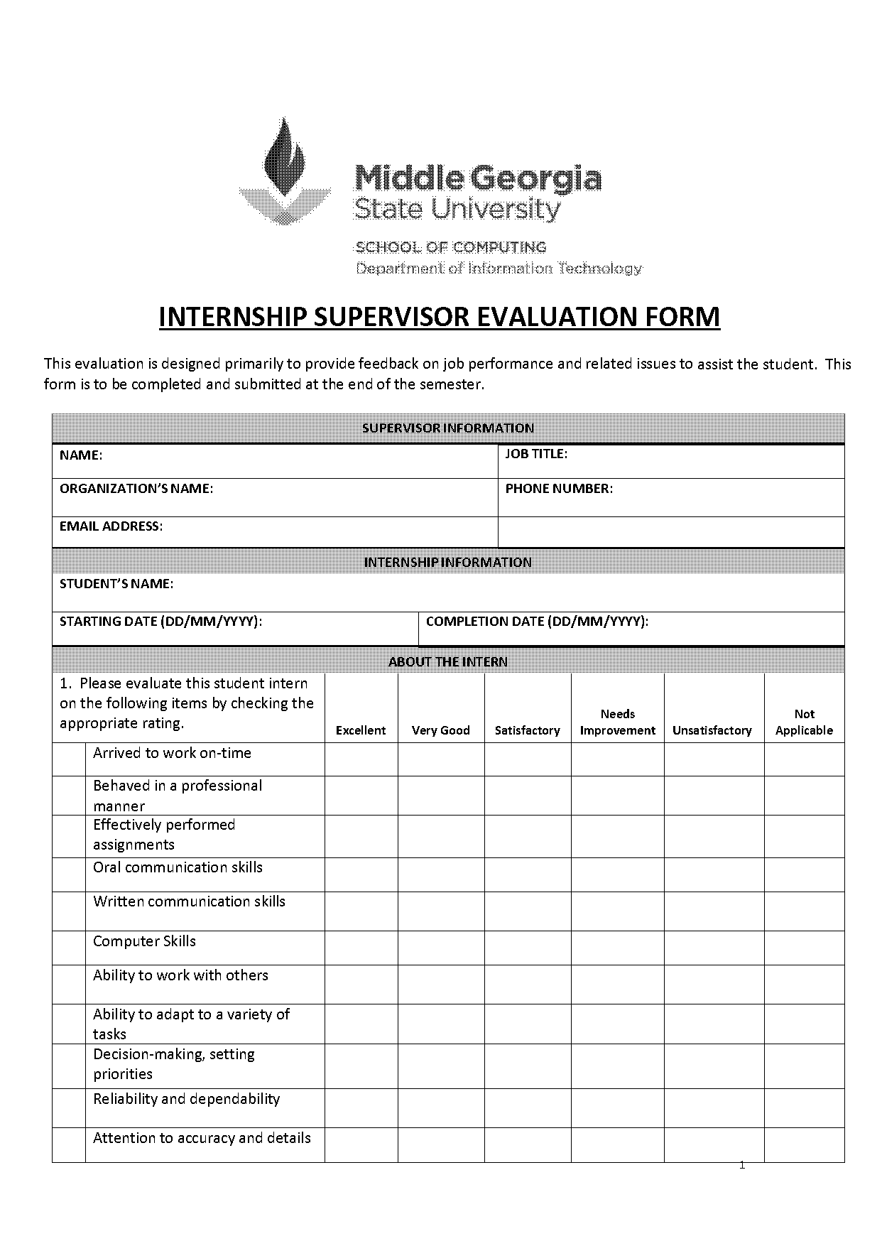 summer training evaluation form