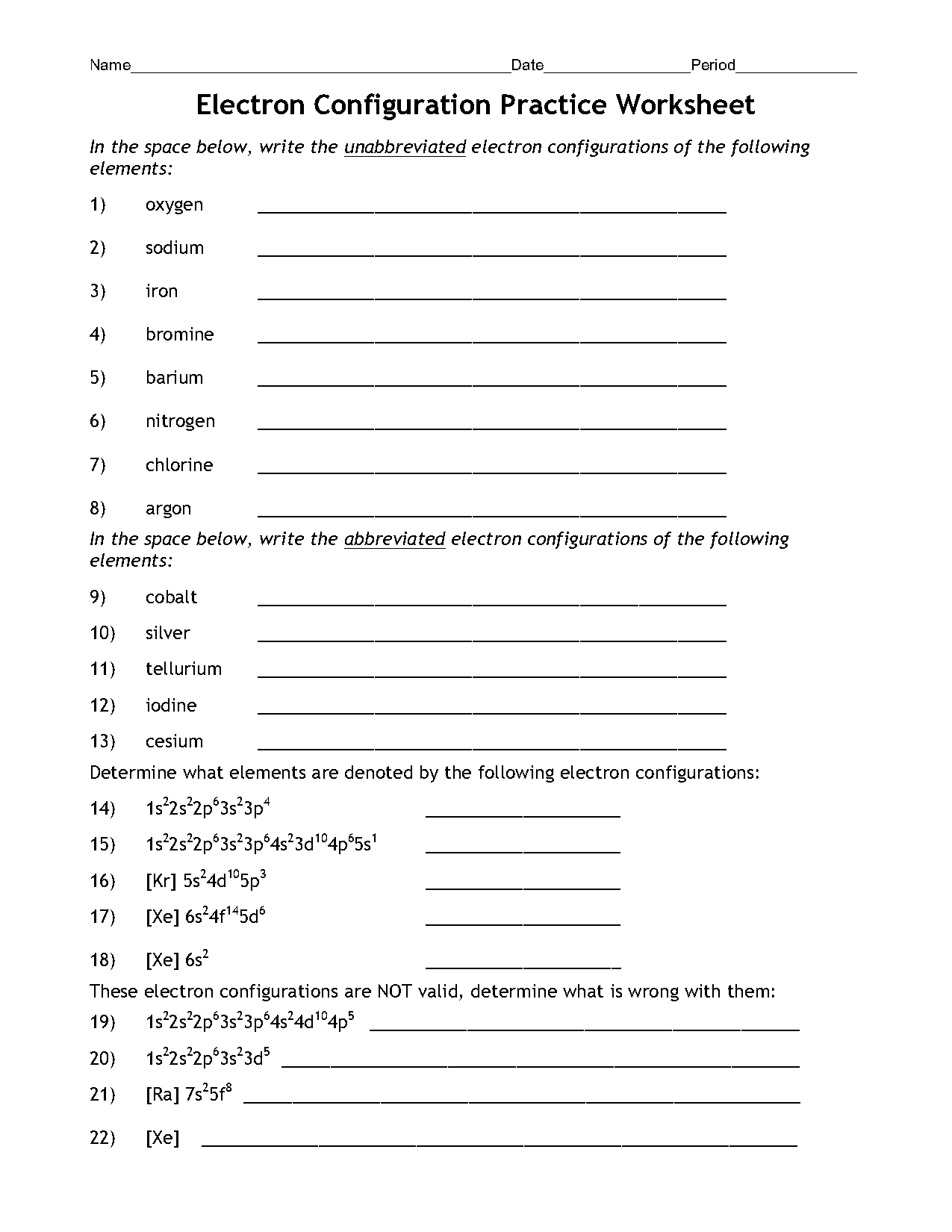 chemistry electron configuration practice worksheet