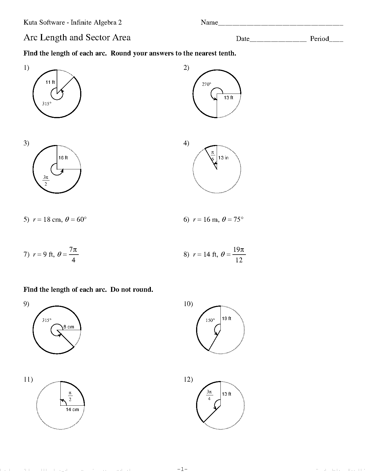 geometry practice worksheets arc length and sector