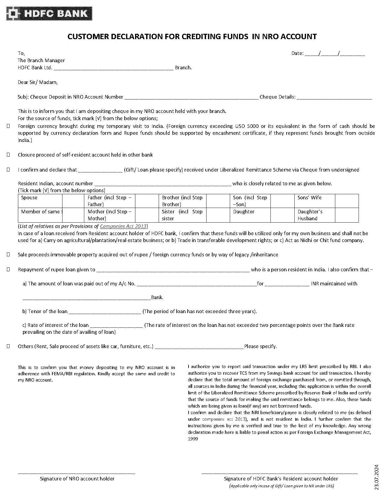 hdfc nri declaration form