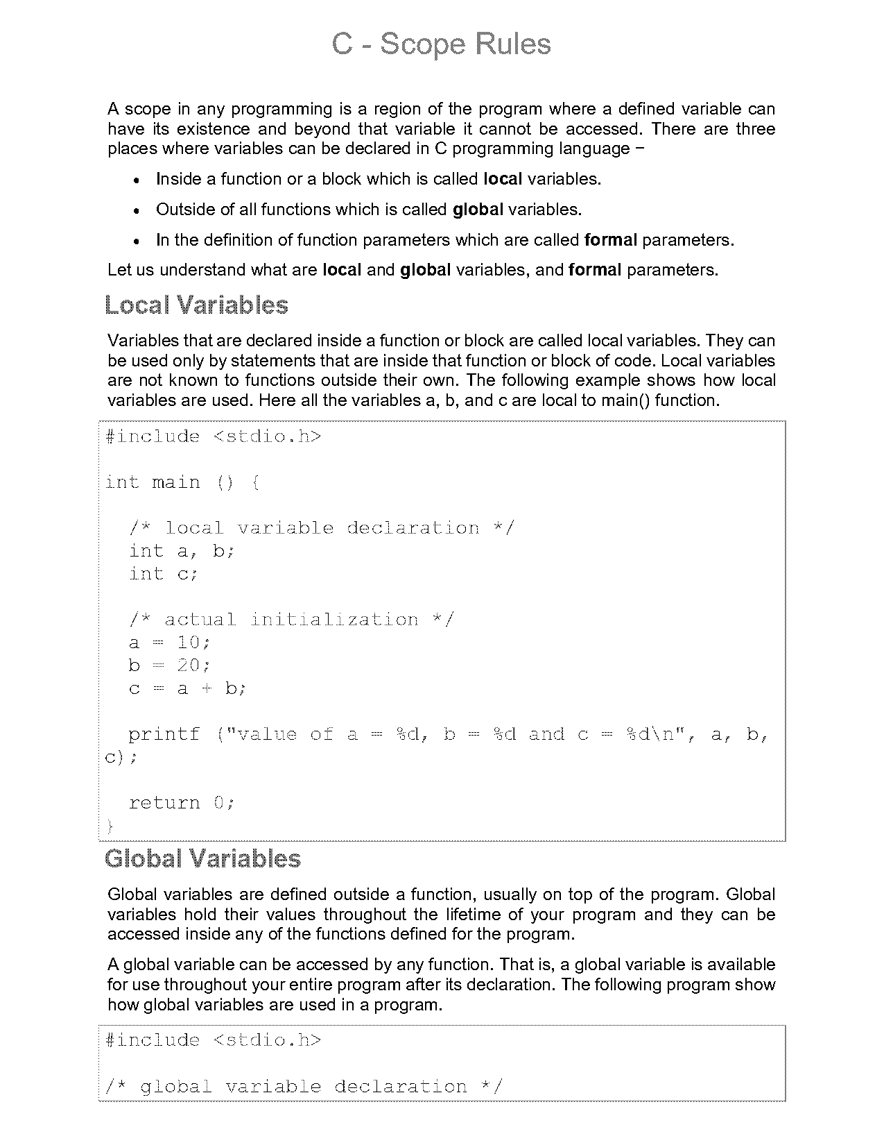 local variable declaration in c