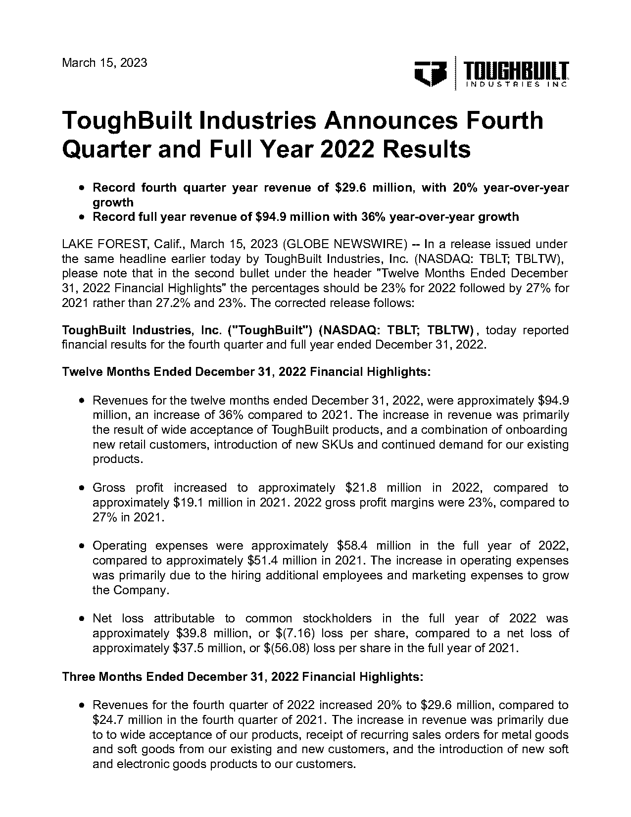 when will toughbuilt release earnings