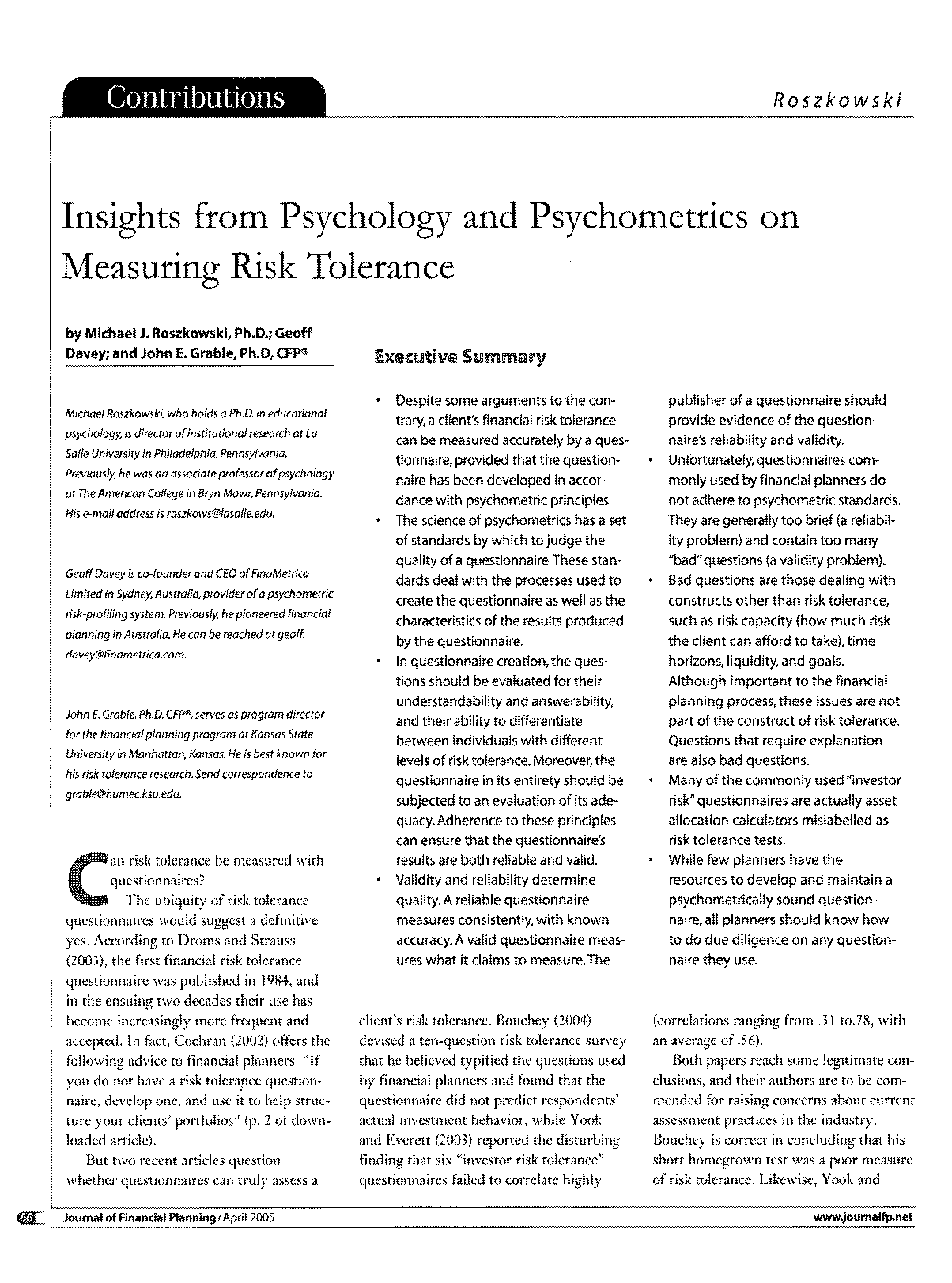 psychometric risk tolerance questionnaire