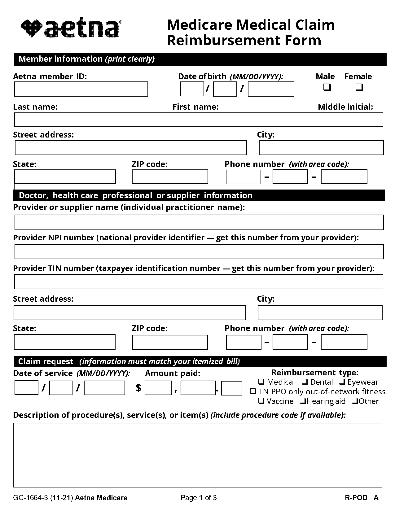 aetna medicare dental claim reimbursement form