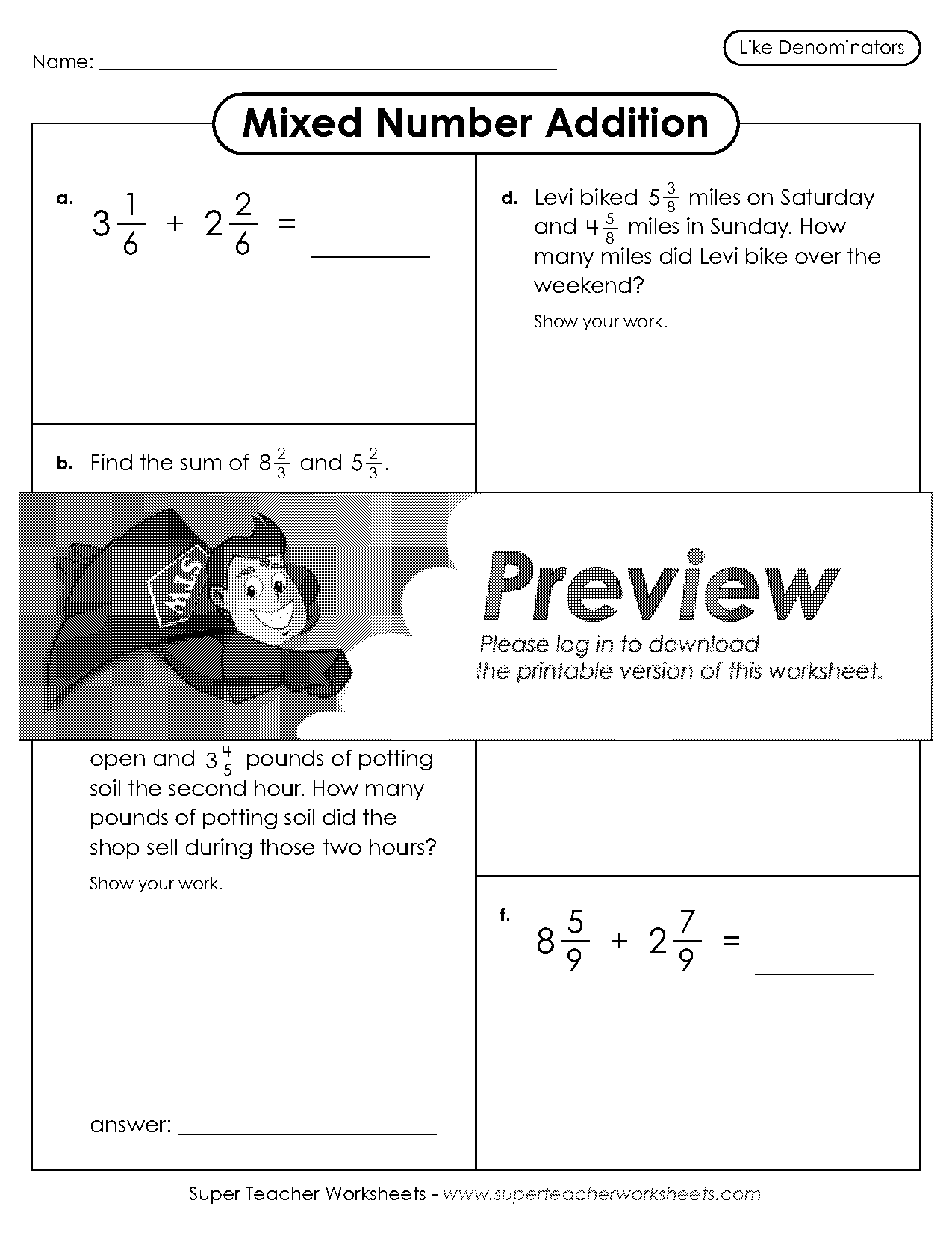 mixed numbers addition worksheet