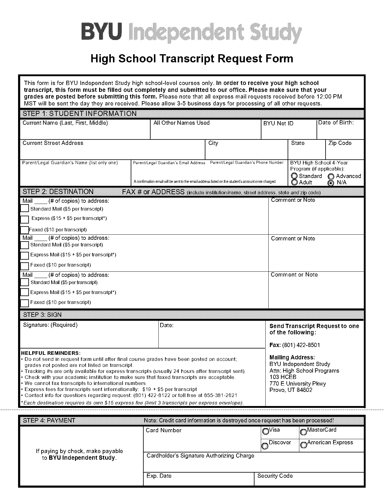 high school transcript byu