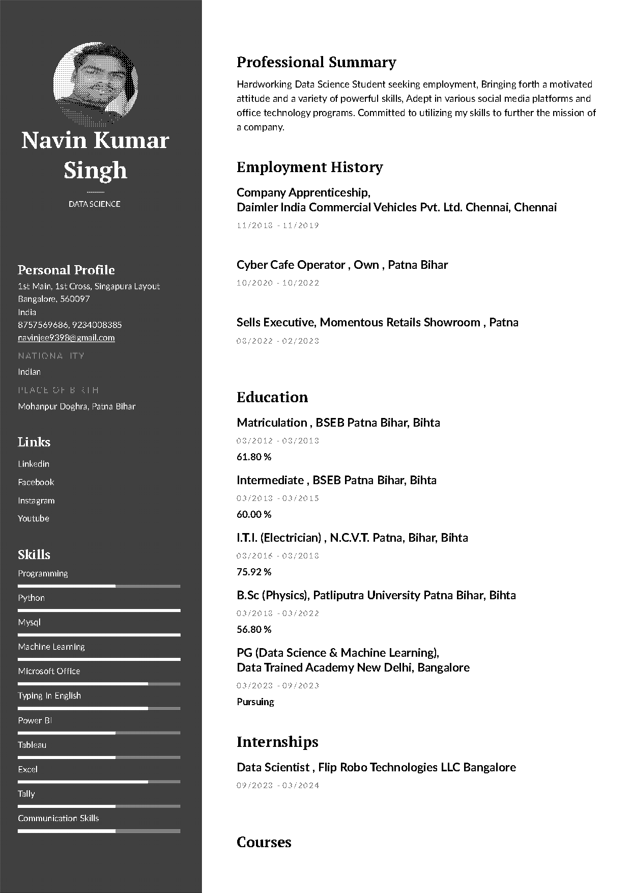 resume for iti electrician student