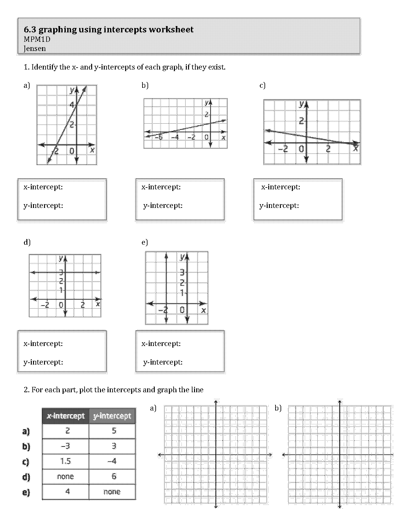 graphing using x and y intercepts worksheet